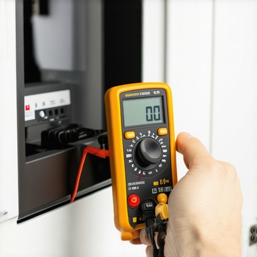 Testing refrigerator light voltage with a multimeter A technician checking the voltage of a blinking refrigerator light using a multimeter tool.