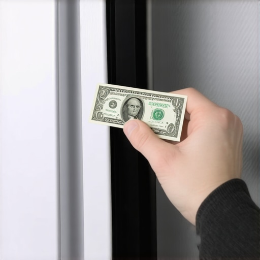 Hand holding a piece of paper in a refrigerator door seal to check for magnetic pull.