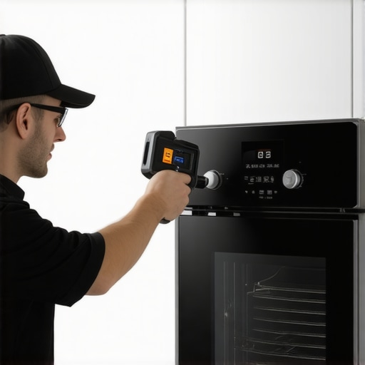 Professional technician using FLIR camera to check oven door gasket seal and thermal efficiency.