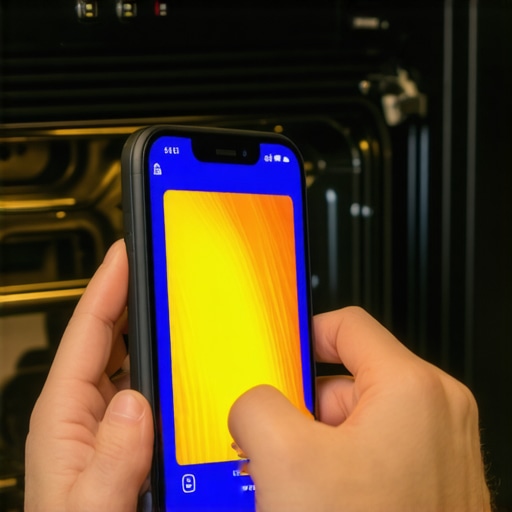 A smartphone screen displaying a thermal map of an oven door leaking heat.