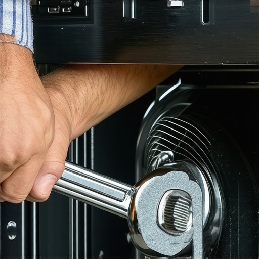 A technician hand tightening a rattling oven fan blade with a wrench