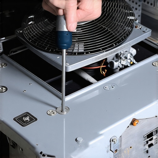 A DIY repair enthusiast tightening a silver convection fan inside an oven to stop a rattling noise.