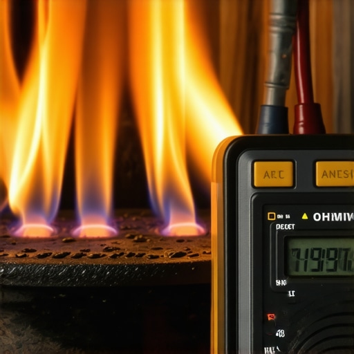 A technician testing a failing gas oven igniter with a digital multimeter for resistance and continuity.