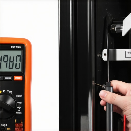 A technician using a professional multimeter to test for electrical shorts in a stove ignition system.