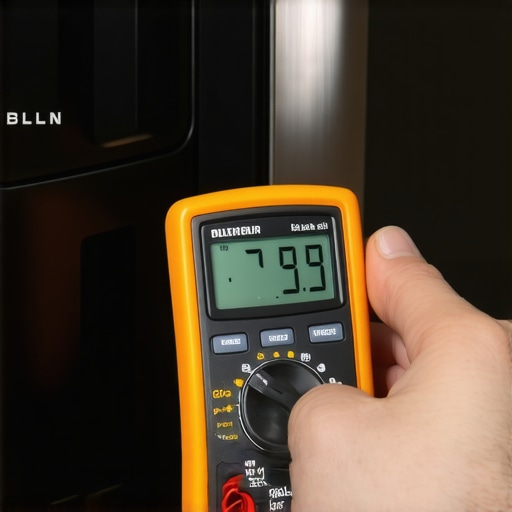Close-up of a multimeter testing an oven heating element for continuity