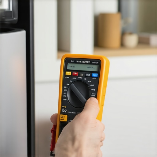 A person testing a stove component with a digital multimeter for diagnostics