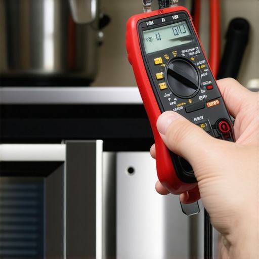 A technician uses a multimeter to test a circuit board for a kitchen oven.