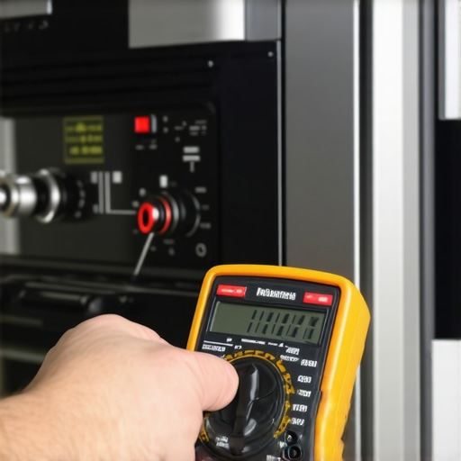 Close-up of a digital multimeter testing oven wiring for electrical continuity.
