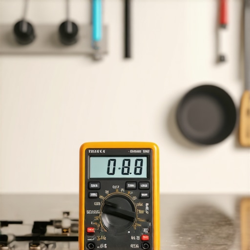 A digital multimeter being used to test the resistance of an oven bake element on a kitchen counter.