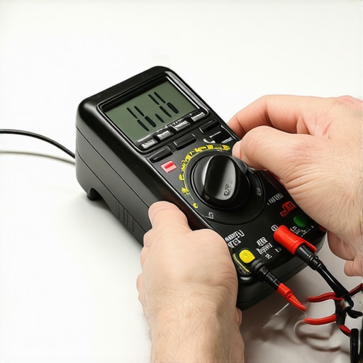 Close up of hands using a digital multimeter to test an oven bake element for continuity.