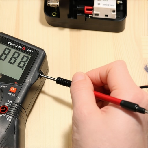 A technician using a digital multimeter to test a refrigerator start relay for continuity on a workbench.