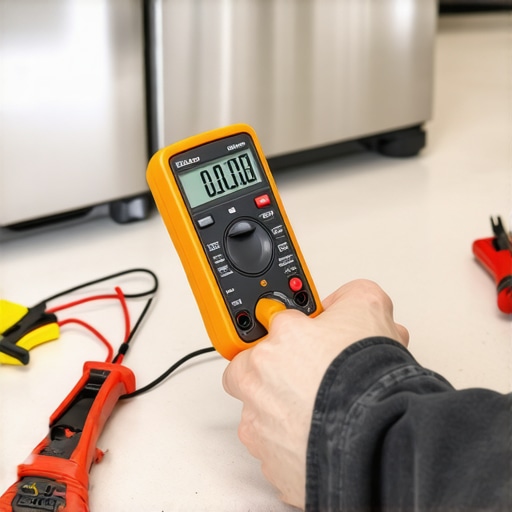 Close-up of a digital multimeter testing a refrigerator component for electrical resistance.