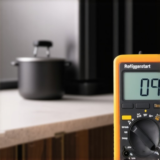 A digital multimeter being used to test a refrigerator component for continuity.