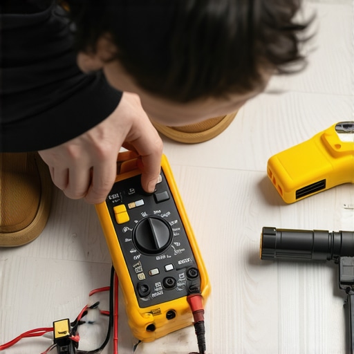 Person using a digital multimeter to test electrical components of a refrigerator