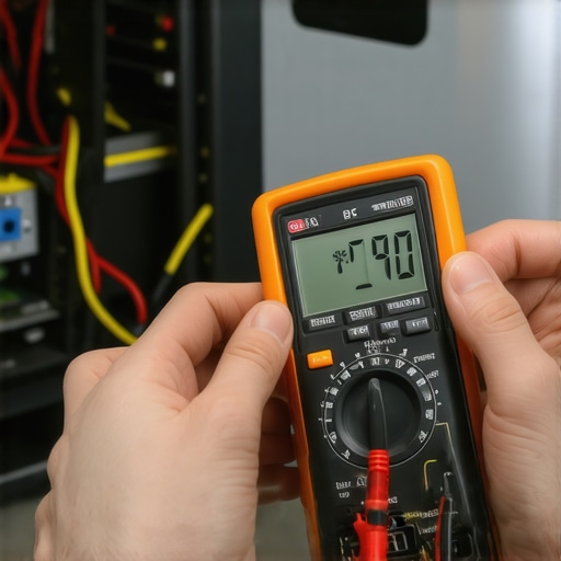 Hands using a digital multimeter to test a refrigerator start relay for resistance.