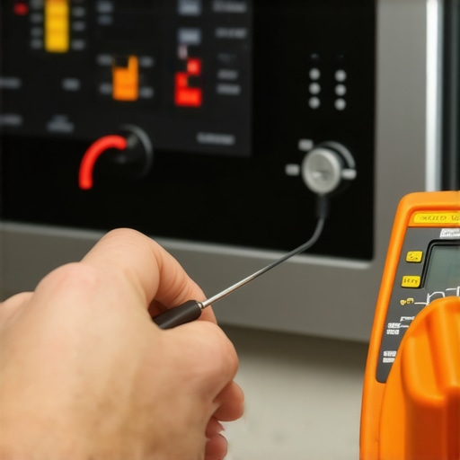 Close-up of a multimeter testing an oven control board connection for repairs.