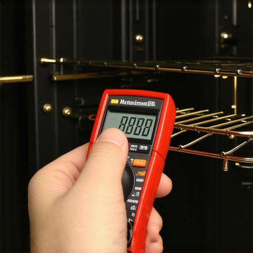 Hand testing oven heating element with digital multimeter for diagnostic repair.