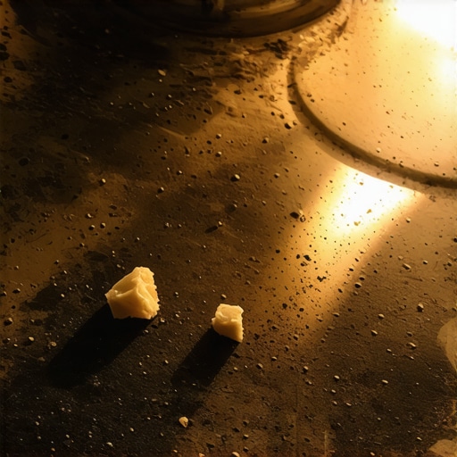 A flashlight illuminates small charred food particles on the floor of an oven to diagnose a smoky smell.
