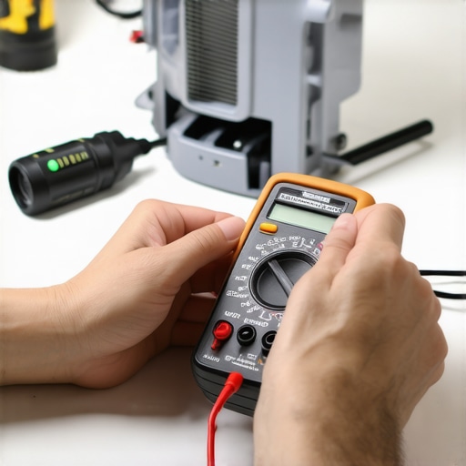 Technician hands testing a refrigerator fan motor with a multimeter