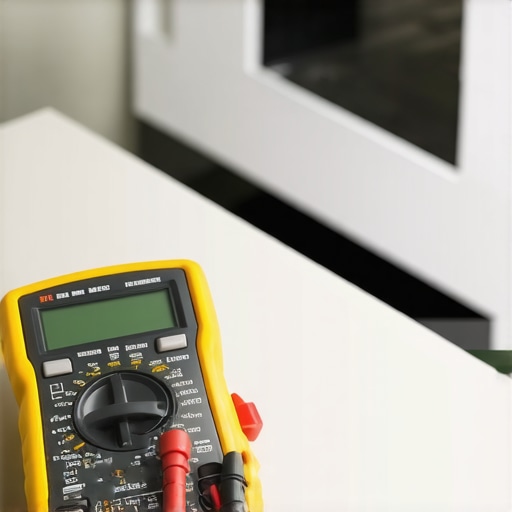 Using a multimeter for home appliance diagnostics A digital multimeter being used to diagnose an appliance issue on a kitchen counter.