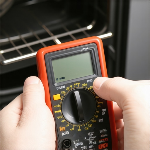 A person testing an oven heating element with a digital multimeter in a kitchen.