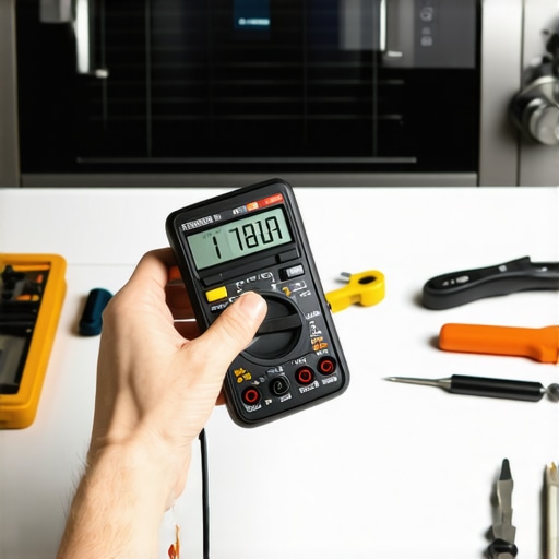 A close-up of a digital multimeter testing an oven bake element for continuity.