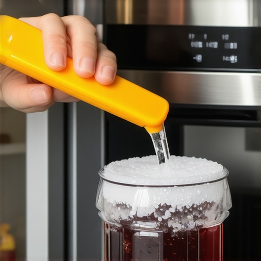 A person safely defrosting a refrigerator ice chute using a turkey baster and warm water.